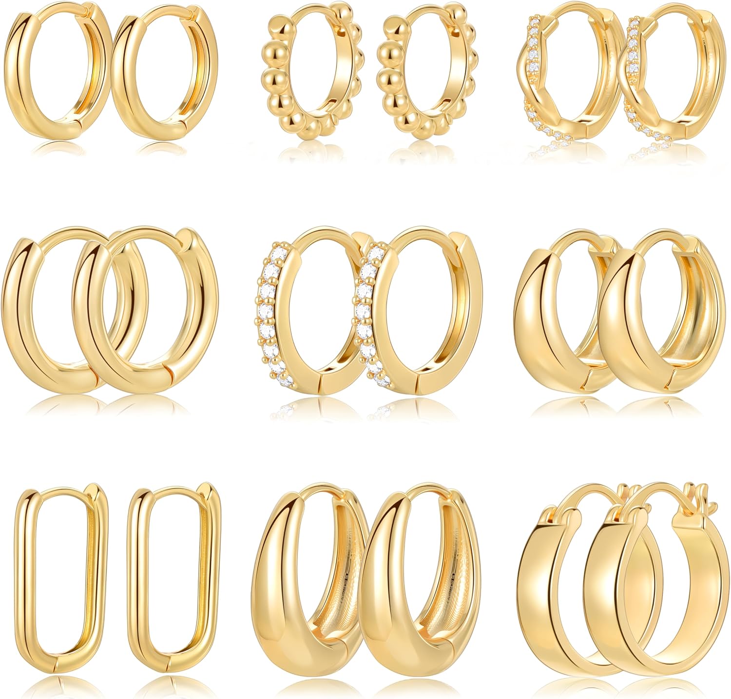 Nine Pairs Gold Hoop Earrings