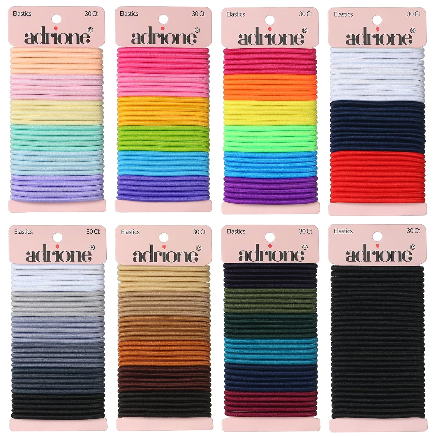 A large pack of 288 ADRIONE colorful hair ties, featuring a wide array of 40 different vibrant colors.