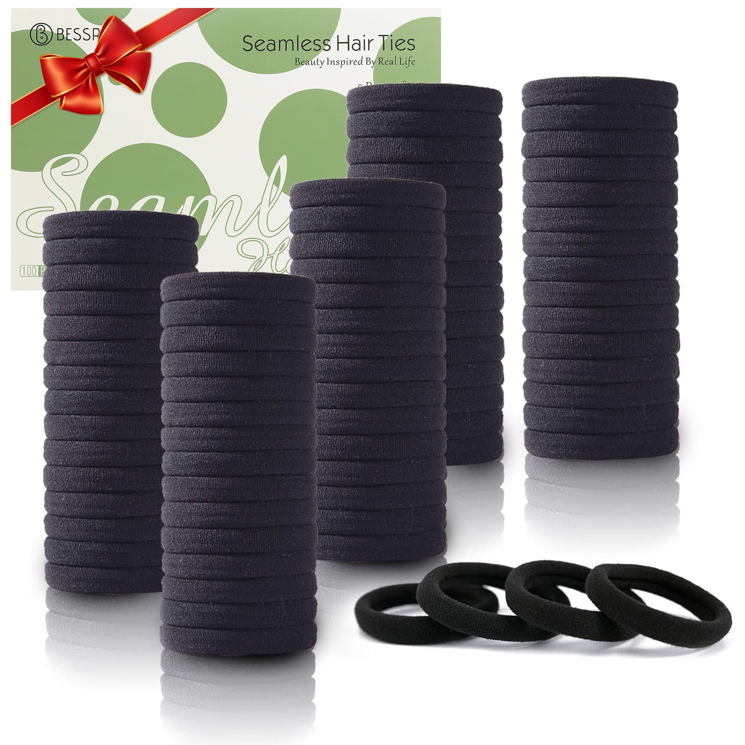 Version 1.0.0 A pile of 100 black Bessrung seamless elastic hair ties, suitable for all hair types, on a clean background.