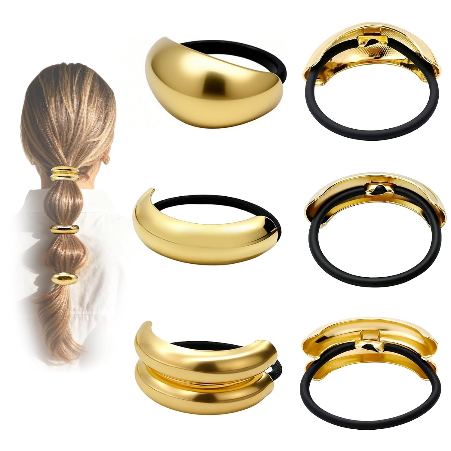 ohcisp-6-piece-gold-hair-ties-set-elegant-metal-hair-cuffs-for-women-girls-01 Set of six gold metal hair cuffs in various geometric designs on a white background, suitable for ponytails and updos.
